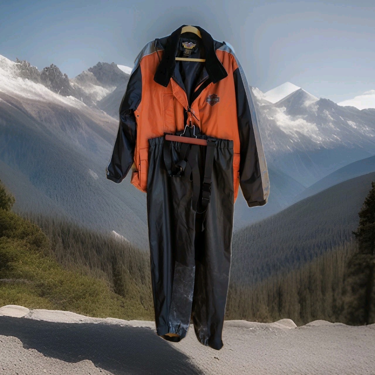 Harley Davidson Rain Suit Mens L Jacket Pants Reinforced Black Orange High Vis