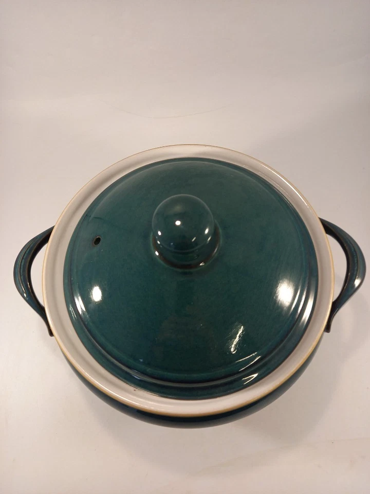 Cazuela Denby tapa para servir verde azulado azul + asas blancas 9 pulgadas x 6 pulgadas en muy buena condición Foto 3 de 4