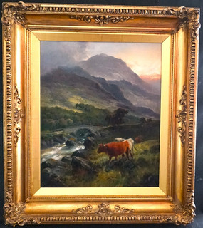 HENRY R HALL 1859 1927 HIGHLAND CATTLE ISLE OF SKYE SUNSET Antique Oil Painting