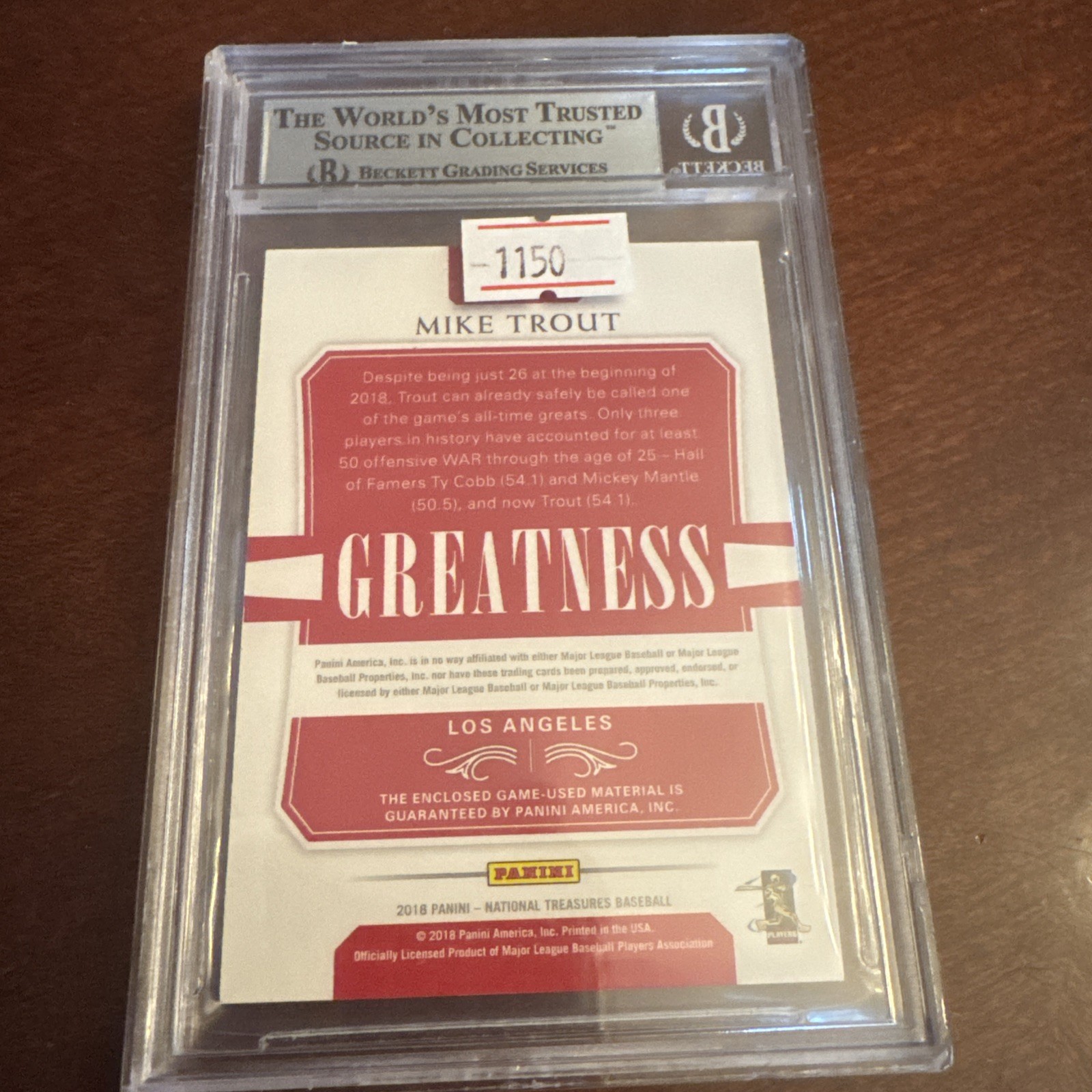 2018 Panini National Treasures Greatness Relics G-MT Mike Trout 1/1 BGS 9 view 5