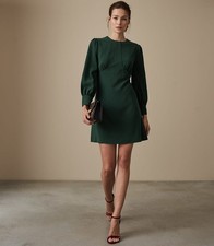 Reiss Forest Green Seam Details Crepe Shift Analise Long Sleeve Mini Dress Sz 6