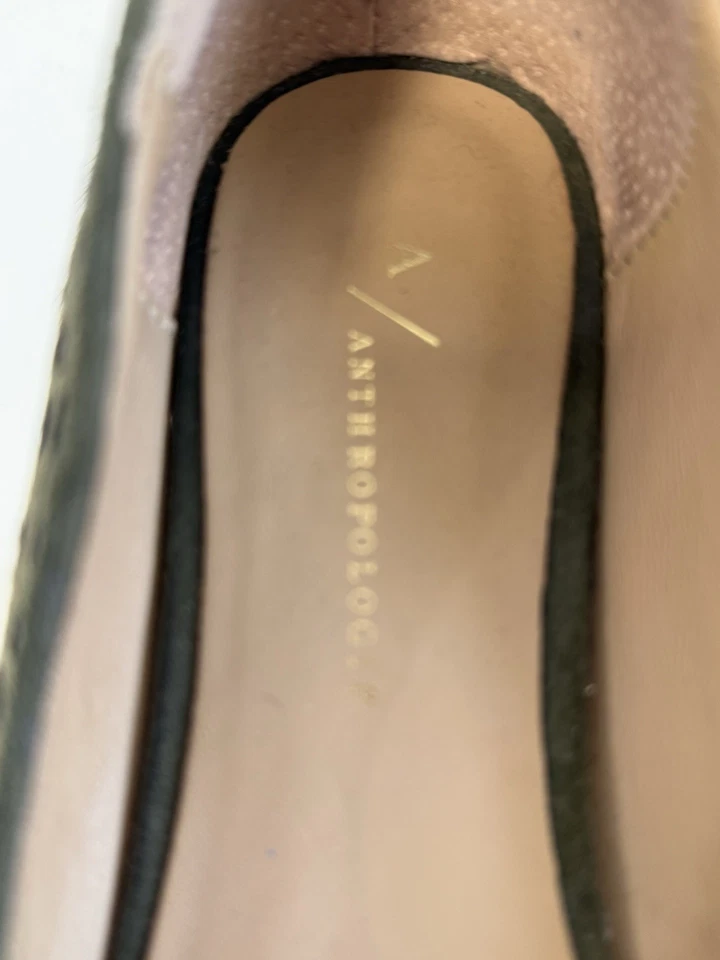 Anthropologie Talla 10 Verde Negro Leopardo Estampado Animal Pelo de becerro Punta Tacones Foto 3 de 4