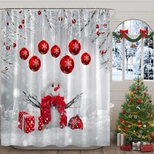 Christmas Shower Curtain Snowman Xmas Twigs Snowflake Winter Holiday Festival...