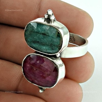 Solid Silver Oval Ruby Emerald Statement Boho Cocktail Root Chakra Ring Size 8.5
