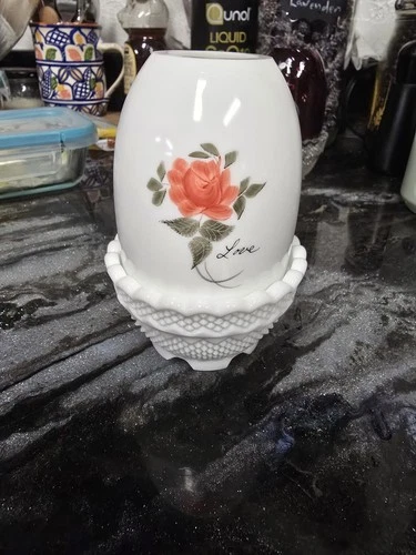 Vintage Fenton Milk Glass, Love Rose,  Fairy Lamp Rare Signed