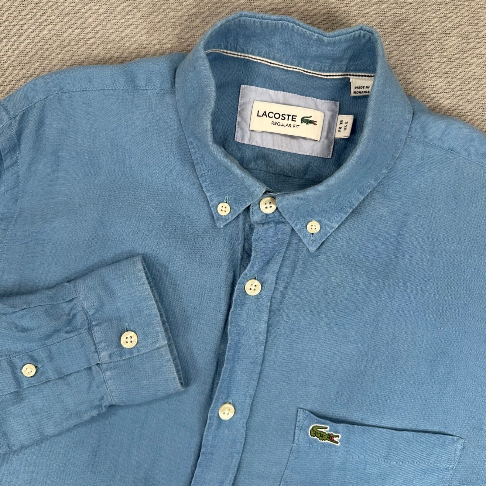 Lacoste Shirt Mens Small Regular Fit Blue 100% Linen Long Sleeve Button Down