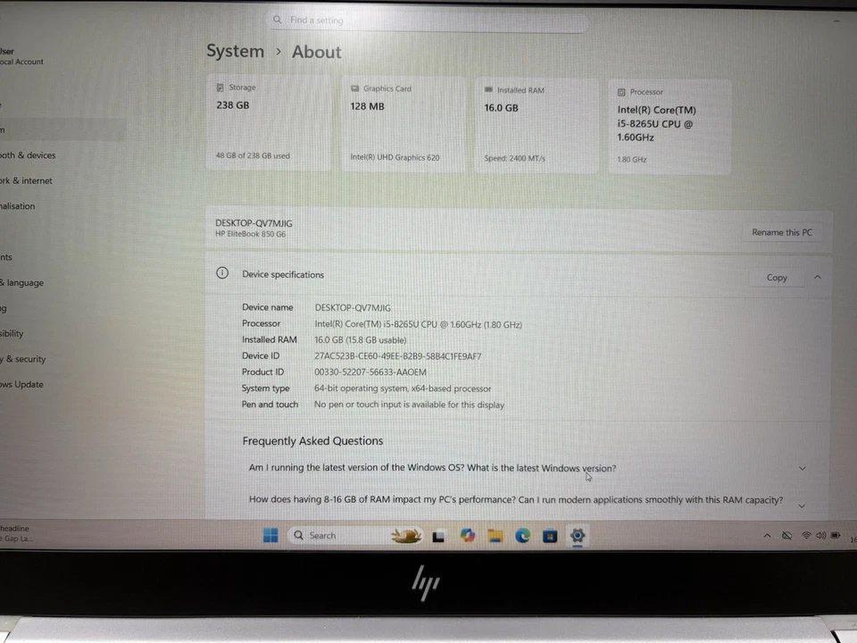 HP Laptop 15.6" Elitebook 850 G6 Intel i5-8265U 16GB RAM 256GB SSD Win 11 READ - Image 3 of 4