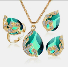 Gold Plated Green Teardrop Crystal Jewelry Set Necklace Earrings Ring