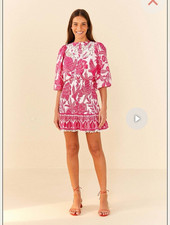 Farm Rio Dress Size Small Pink Mini Short Floral Smocked Woodcut Blouson Sleeves