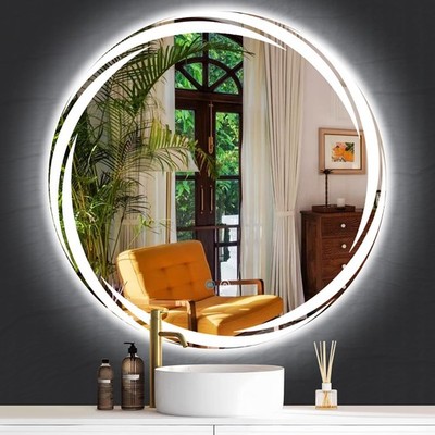 20 Inch Unique Rotating Round Lighted Mirror for Bathroom Hotel Makeup Wall L...