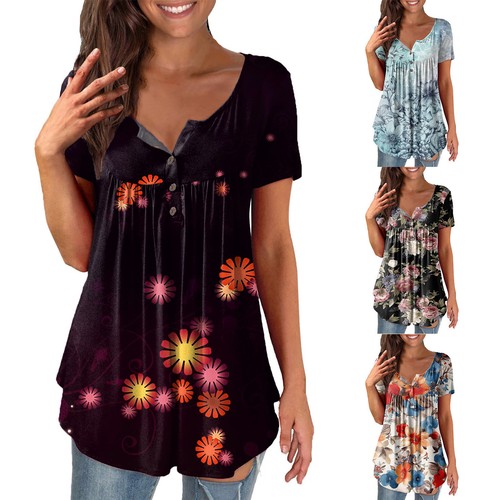 Women Tunic Tops Short Shirts Botton Up For Leggings Casual Ruched | eBay