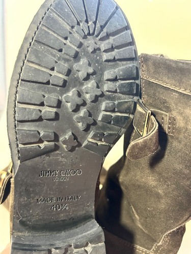 JIMMY CHOO Size 9.5 Suede Biker Mid Calf Boots Brown Distressed Moto Buckle - Picture 4 of 9