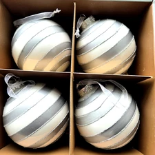 Tinsel and Fir 3.5" Glass Ornaments Set Of 4 White & Silver Stripes