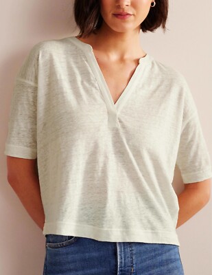 Boden - Notch Neck Linen Henley Top - Damen T-shirt Leinen NEU UK 10 EU 38
