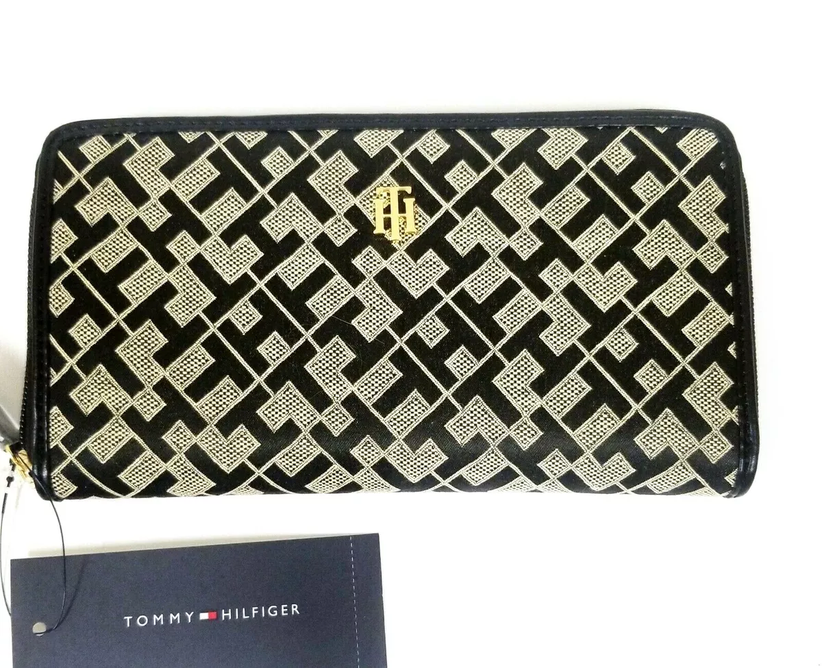 Leonardoda fortvivlelse Udveksle NEW TOMMY HILFIGER WHITE,BLACK CANVAS,GOLD LOGO,BLACK TRIM,ZIP WALLET CLUTCH  | eBay