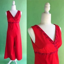 Vintage 70s Red Wide Leg Palazzo Jumpsuit Holiday Party - Size Small