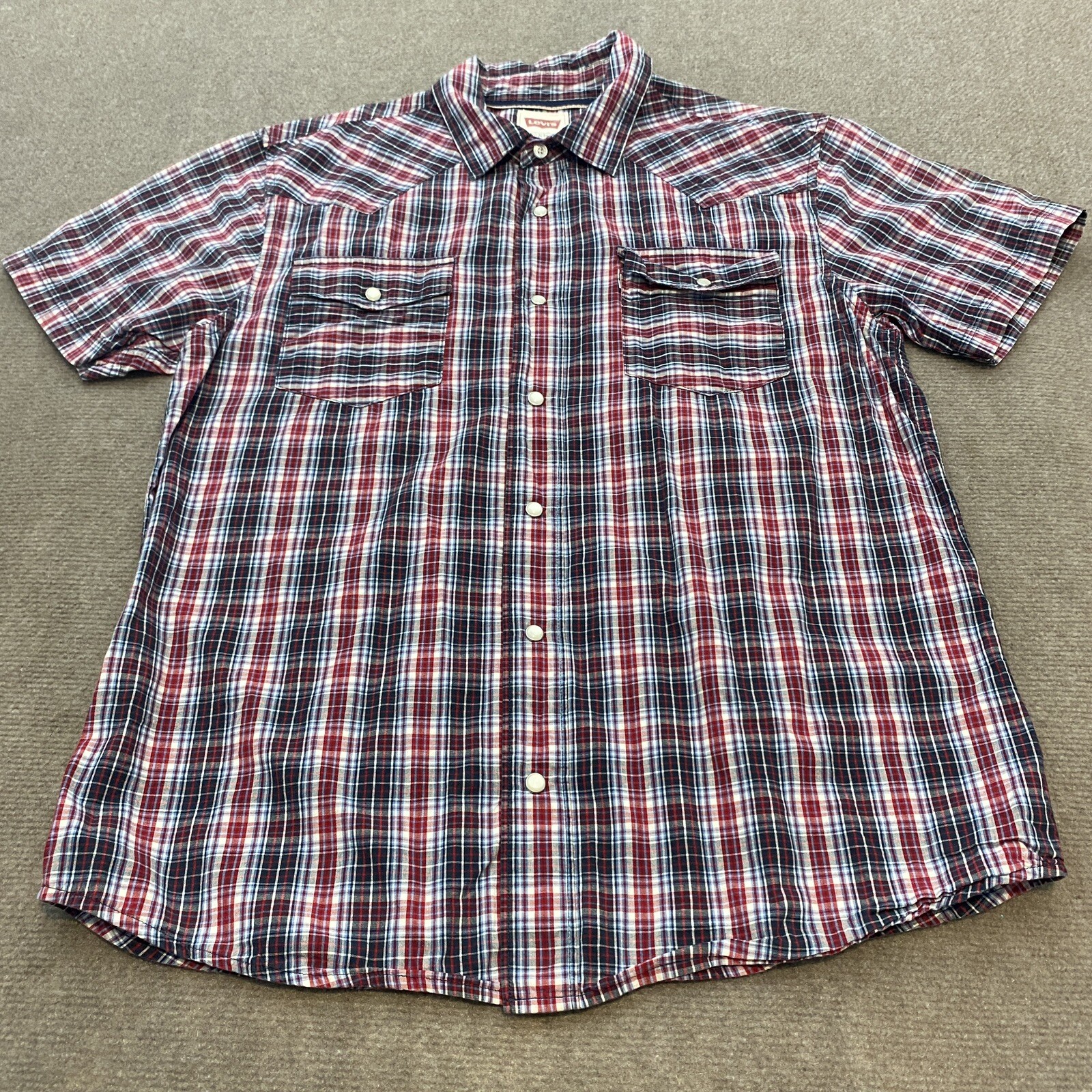 Levis Shirt Mens Large Plaid Pearl Snap Short Sleeve Rockabilly Logo Western