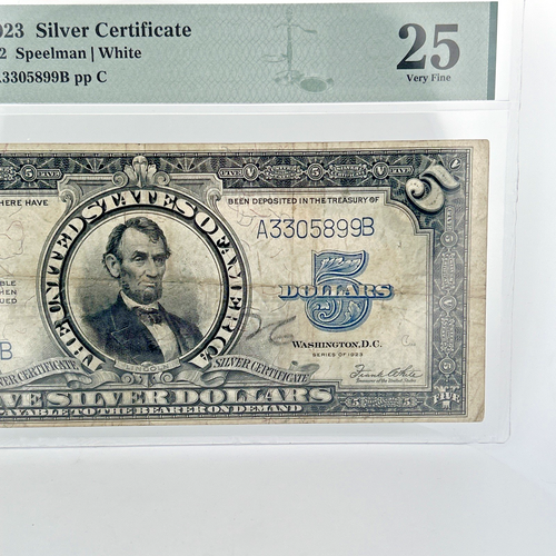 1923 $5 SILVER CERTIFICATE, LINCOLN PORTHOLE, FR#282 PMG VF-25 - Picture 4 of 6