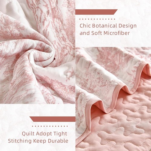 WONGS Queen 3-Pc Botanical Quilt Set-Toile Floral Microfiber Coverlet All Season - Picture 69 of 103