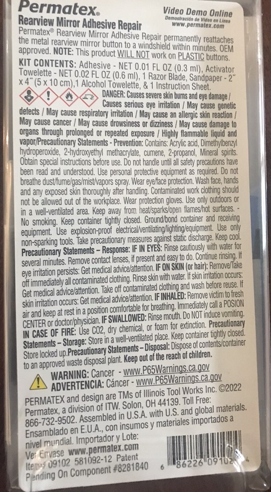 Permatex Rearview Mirror KIT adhesive repair kit 09102 eBay