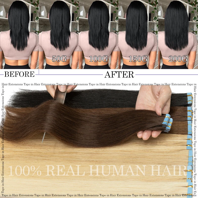 Tape In Real Remy Human Hair Extensions Skin Weft 150G Full Head Balayage Ombre - Image 4 of 4