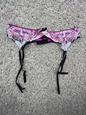 Victoria's Secret Garter Belt Lingerie VTG Pink Black Floral Lace XS w Bow