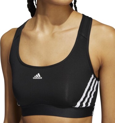 Adidas black medium-support sports bra three white stripes size L new with tags