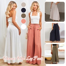 High Waist Women Wide Leg Flared Palazzo Pants Formal Work Trousers Drawstring