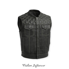 Men's Club Style Premium Cowhide Concealed Carry Genuine Leather Motorcycle Vest