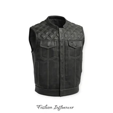 Men's Club Style Premium Cowhide Concealed Carry Genuine Leather Motorcycle Vest