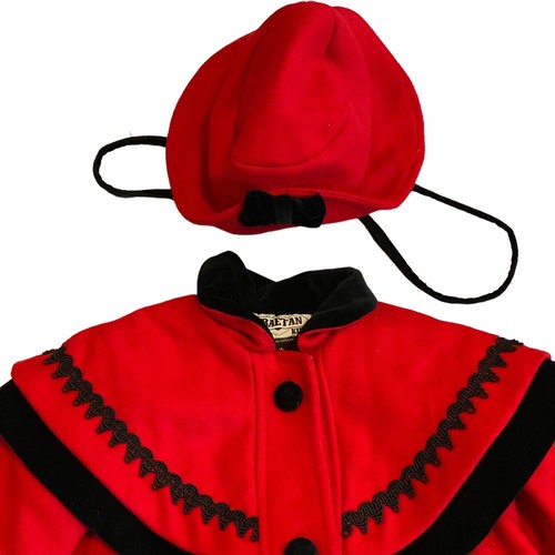 Braetan Girl’s Victorian Coat & Bonnet Size 4 Red 100% Wool Black Velvet Bow - Picture 2 of 12
