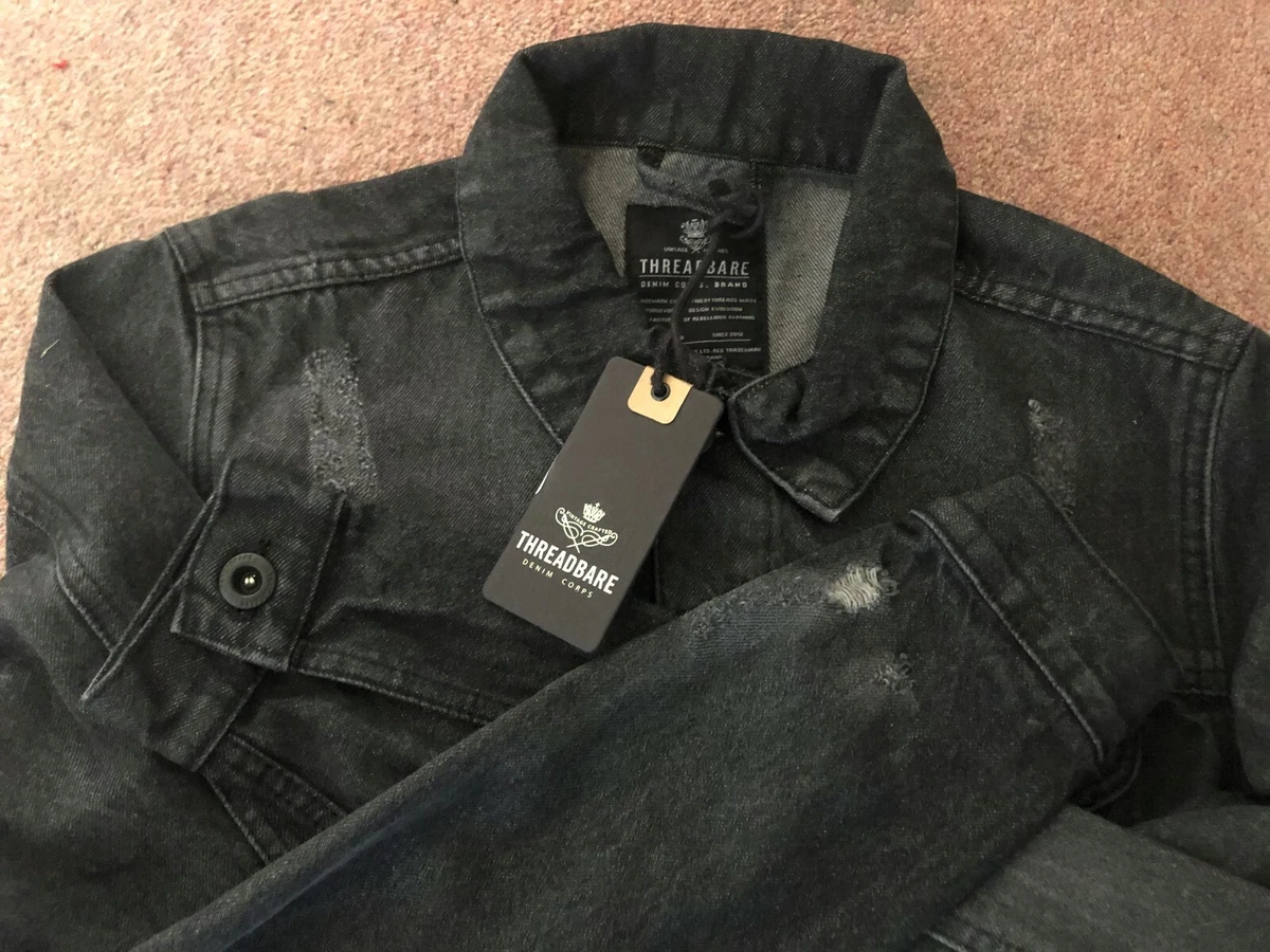 Threadbare Rocky Vintage Distressed Faded Black Denim Jacket 100