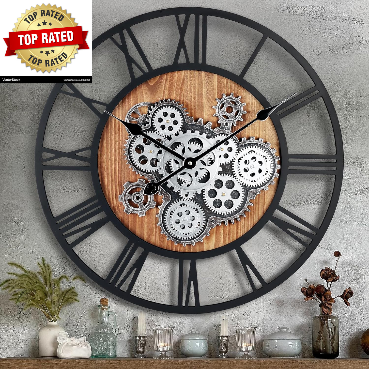 23 Inch Real Moving Gear Wall Clock,Steampunk Wooden Large Wall Clock for Living