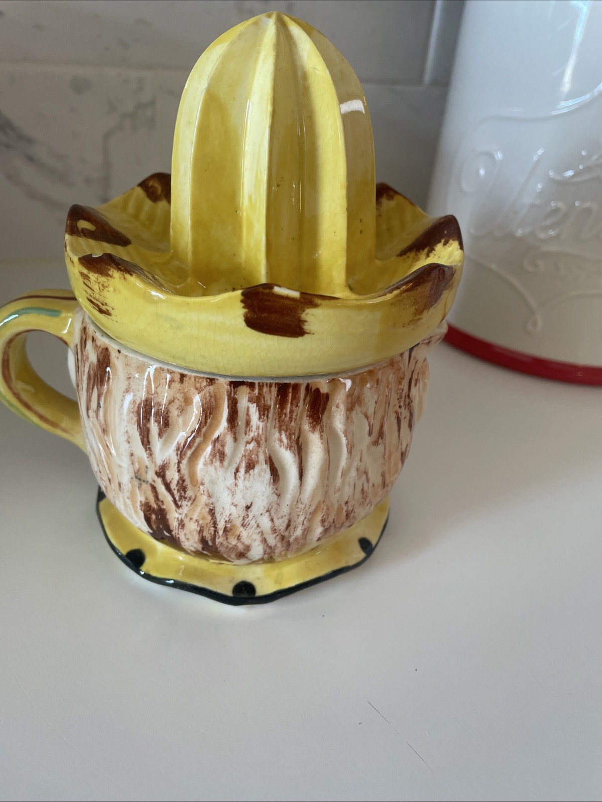 Vintage Ceramic Juicer/Reamer Yellow & Brown Man W/ Sombrero Hat 6”Tall