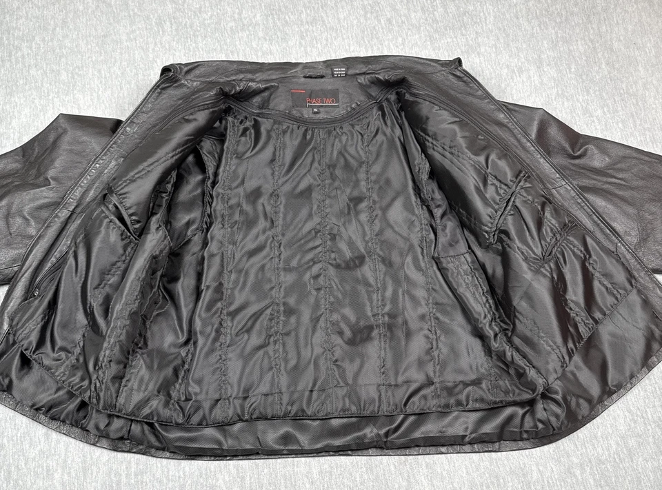 Phase Two Leather Jacket Mens XL Black Full Zip Zip Out Liner Collared Pockets - Image 3 of 4