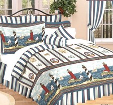 Nautical Lighthouse Sailboat Queen Size Comforter Set Shams  Bed Skirt 4 Pc's