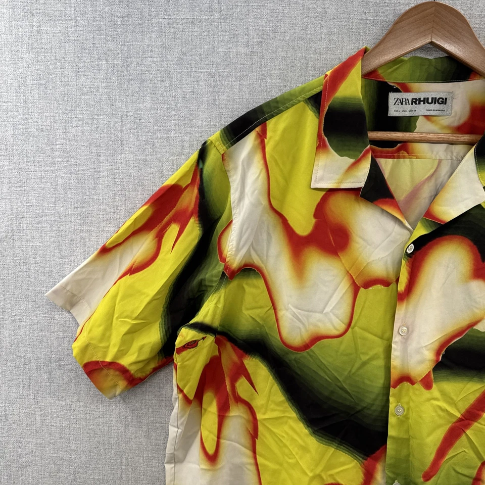 Camisa Zara Rhuigi Para Hombres Grande Amarilla Neón Abstracta Manga Corta Campamento Lazo Adulto Foto 2 de 4