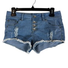 Rebel By Right Shorts Juniors 5 Blue Distressed Cutoff Lace Trim Button Fly