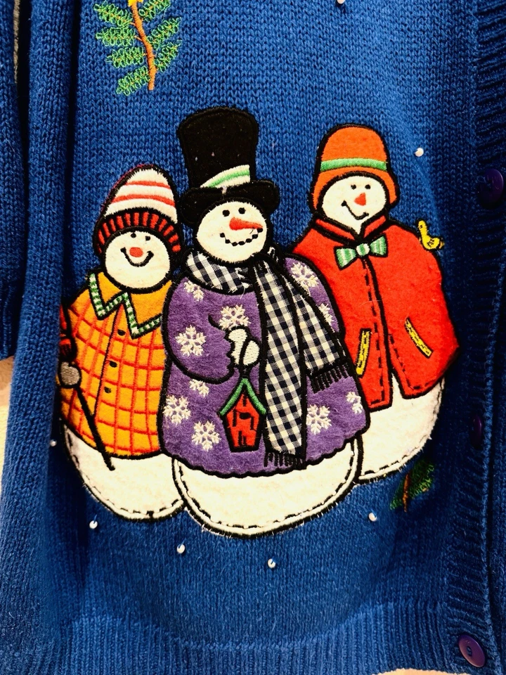 Quacker Factory Vintage Blue Christmas Cardigan Snowman Design Sweater 2X - Image 3 of 4