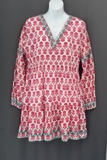 Mer St Barth Clara Embroidered Babydoll Dress Tunic Medium Pink Teal Block Print