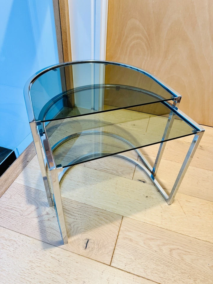 Two Italian Half Moon Smoked Glass & Chrome Nesting Tables by Vico Magistretti - Image 3 of 4