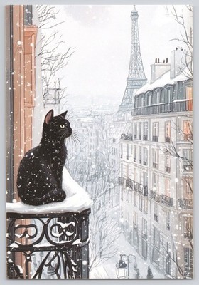 Paris Eiffel Tower Snowy Balcony Black Cat 4x6 NEW Image Card Blank Back