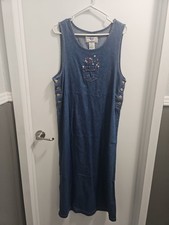 Vintage 90s Floral Embroidered Denim Maxi Jumper Dress Sz XL Cottagecore Granola
