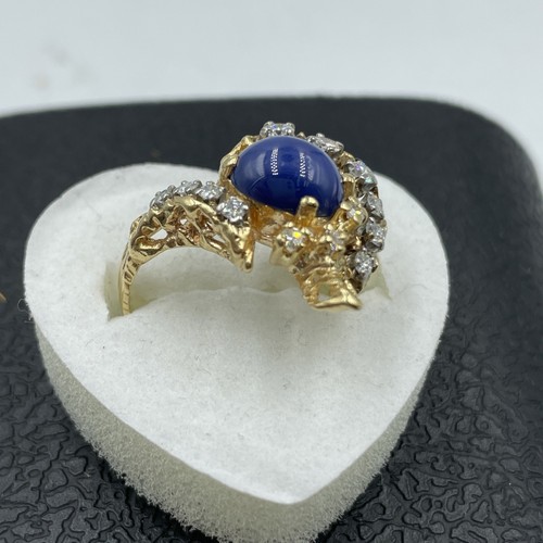 14K Yellow Gold Synthetic Lapis Lazuli & Diamond Ring 6.5g - Picture 5 of 17