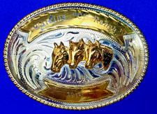 Three Horse Heads Engraved Trophy Ribbon Vintage Western Belt Buckle From Mexico