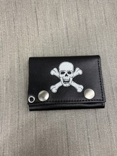 Vintage Skull Crossbones Wallet Leather Snap Biker Chain Black Punk Gothic Mens