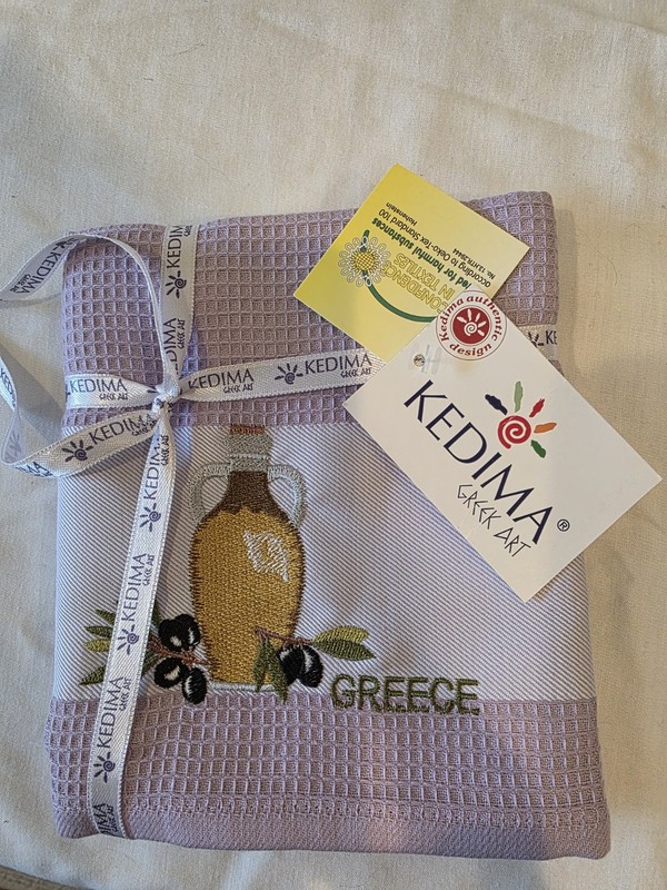 Kedima Greek Art Olive Oil Jug/Olives Greece Purple Kitchen Dish Towel NWT