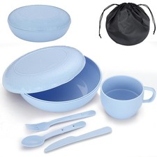 Camping Mess Kit Bowl Plate Cup Spoon Fork Knife Carry Bag Reusable Accessories