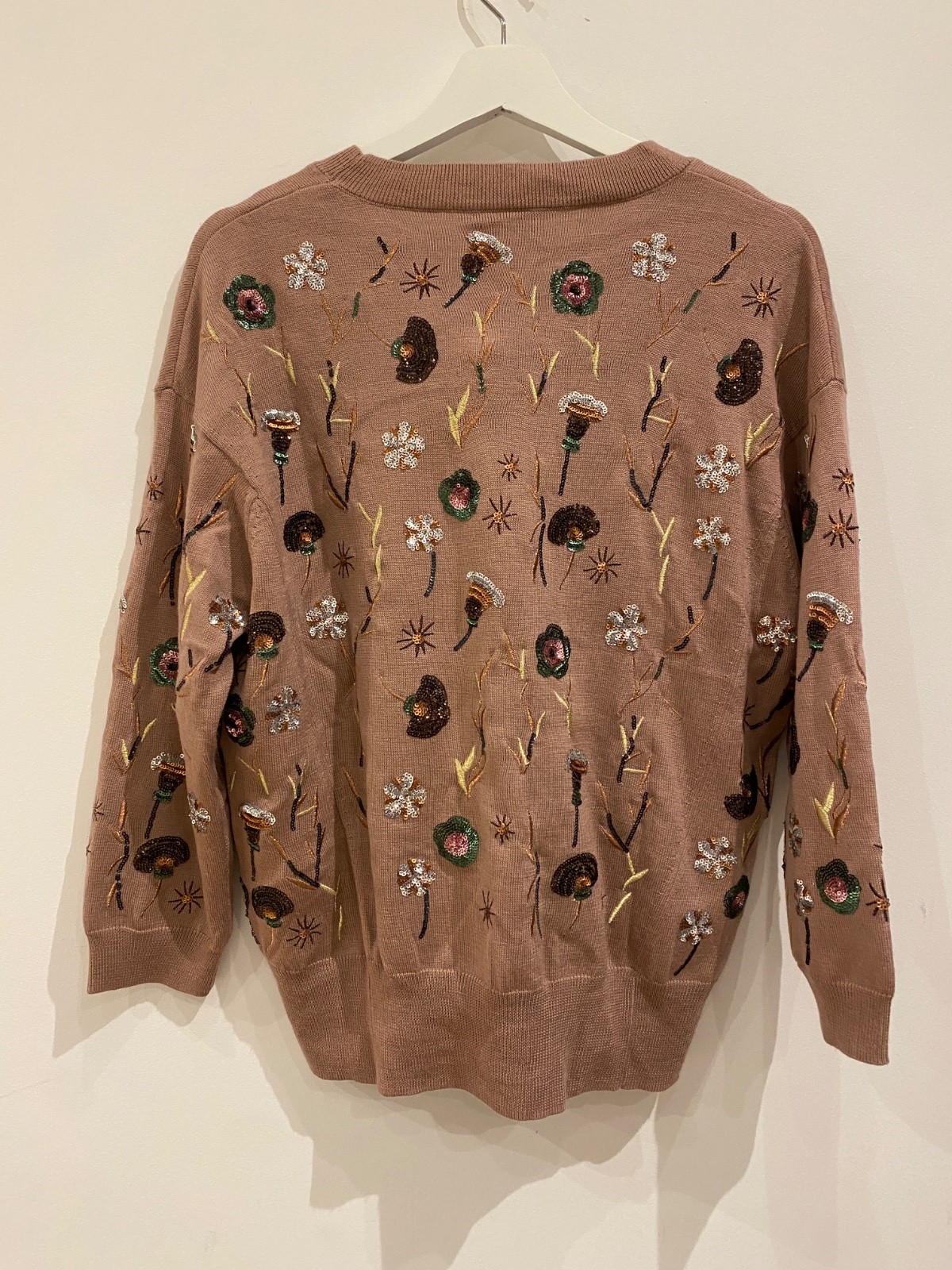 Essentiel Antwerp Sequin Floral Patch Sweater Merino Wool Embroided Blush BNWT image 5