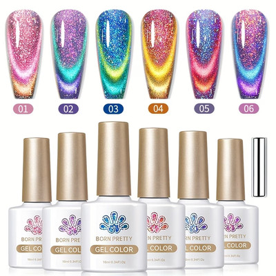 BORN PRETTY 6pcs Reflective Cat Eye Gel Polish Rainbow Magnetic Glitter Set